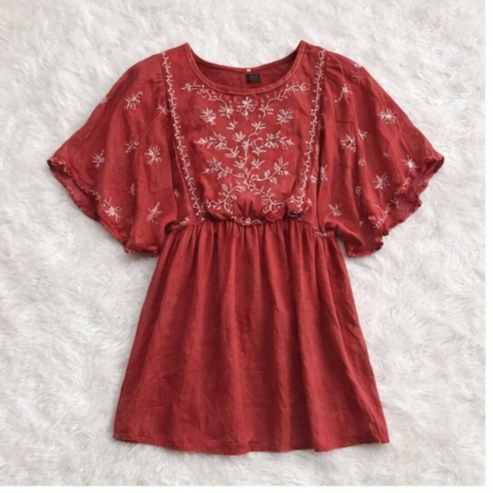 Blue Rain Red Boho Flutter Sleeve Dress Size S | Embroidered Peasant Mini Dress